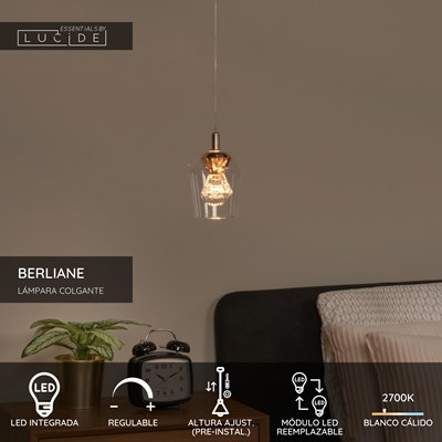 Lucide BERLIANE - Lámpara colgante - Ø 12 cm - LED Regul. - 1x4W 2700K - Con módulo LED reemplazable - Transparente | Essential